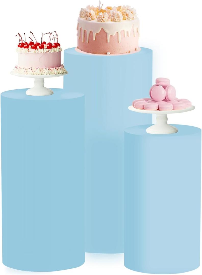 Cylinder Stand Covers for Party 3Pcs Spandex Cylinder Pedestal Stand Covers Cylinder Plinth Stand Cover for Party Backdrop Decor Baby Shower Birthday Wedding, Dusty Blue