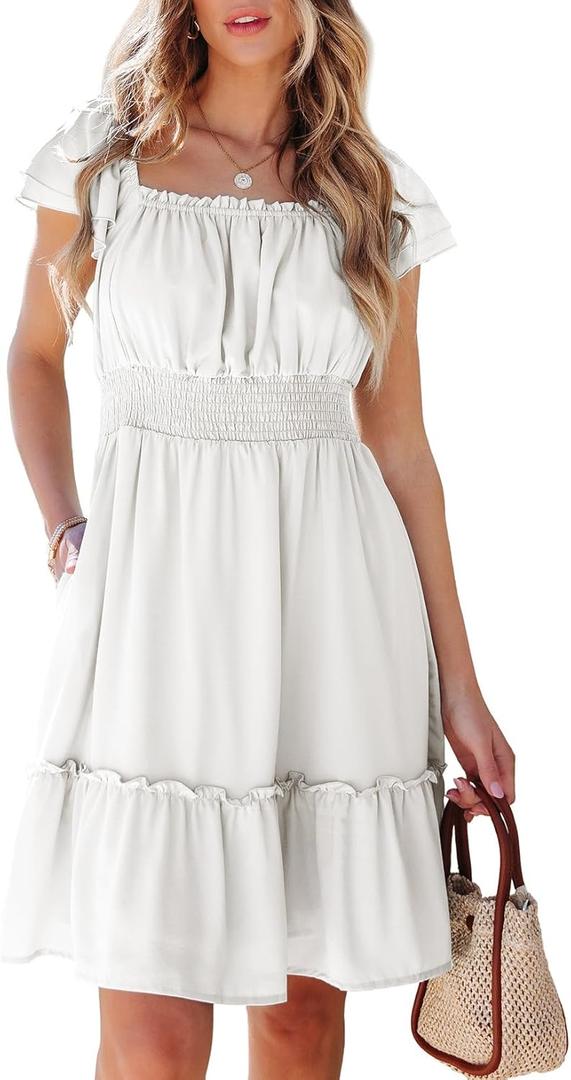 Dokotoo White Dresses for Women 2026 Ruffle Short Sleeve Sexy Dresses with Pockets Square Neck Smocked High Waist Casual A Line Flowy Dress for Wedding Guest XX-Large