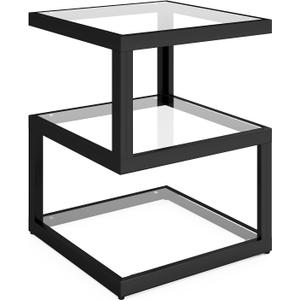 3-Tier Glass Table with LED Strip, Unique S-Shaped Design SideTable, Moderen Black Deco Table for Living Room and Bedside Room