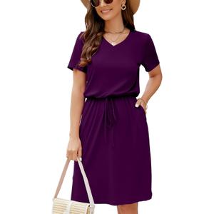 HUSKARY Women Summer Casual Midi Dresses Short Sleeve V Neck Drawstring Knee Length T Shirt Dress with Split and Pocket (X-Large, Purple)