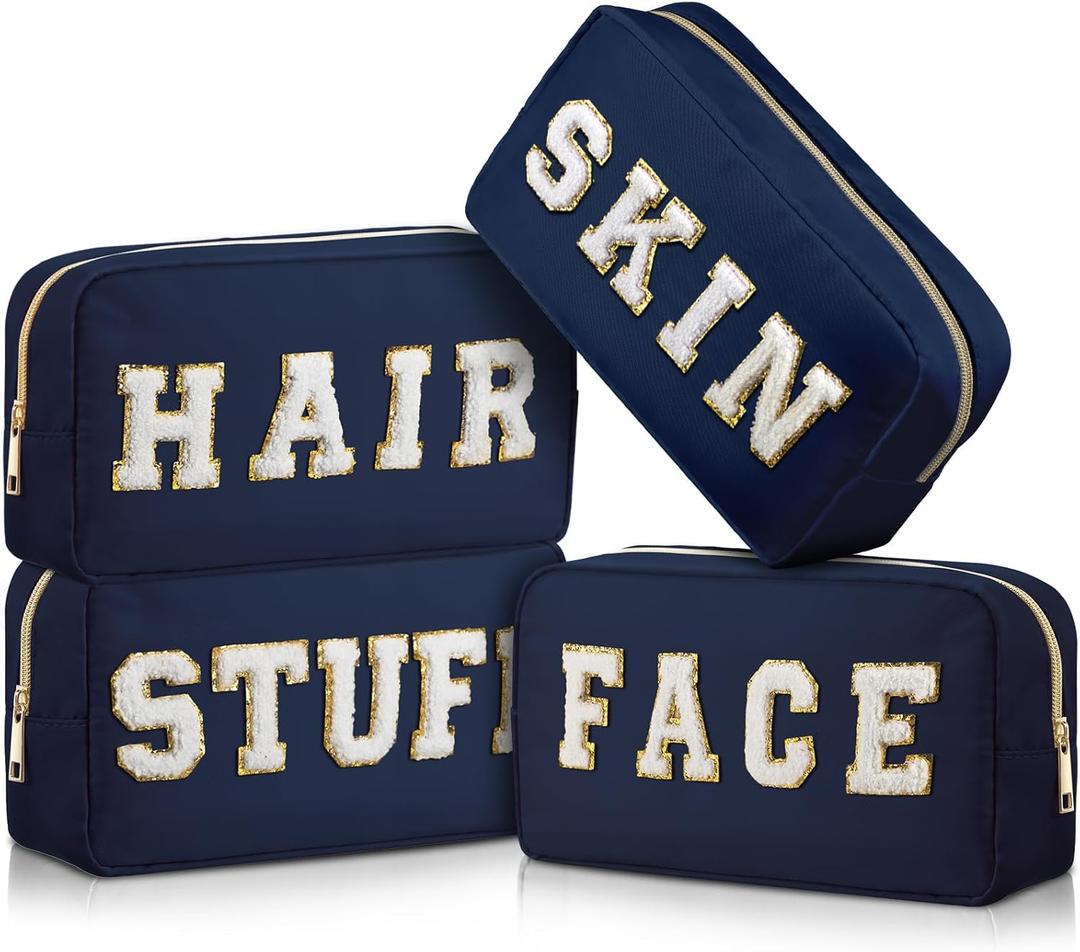 Cunno 4 Pcs Preppy Makeup Bags Chenille Letter Stuff Bag Nylon Cosmetic Pouch Cases with Zipper for Women Travel Toiletry (Classic, Dark Blue)