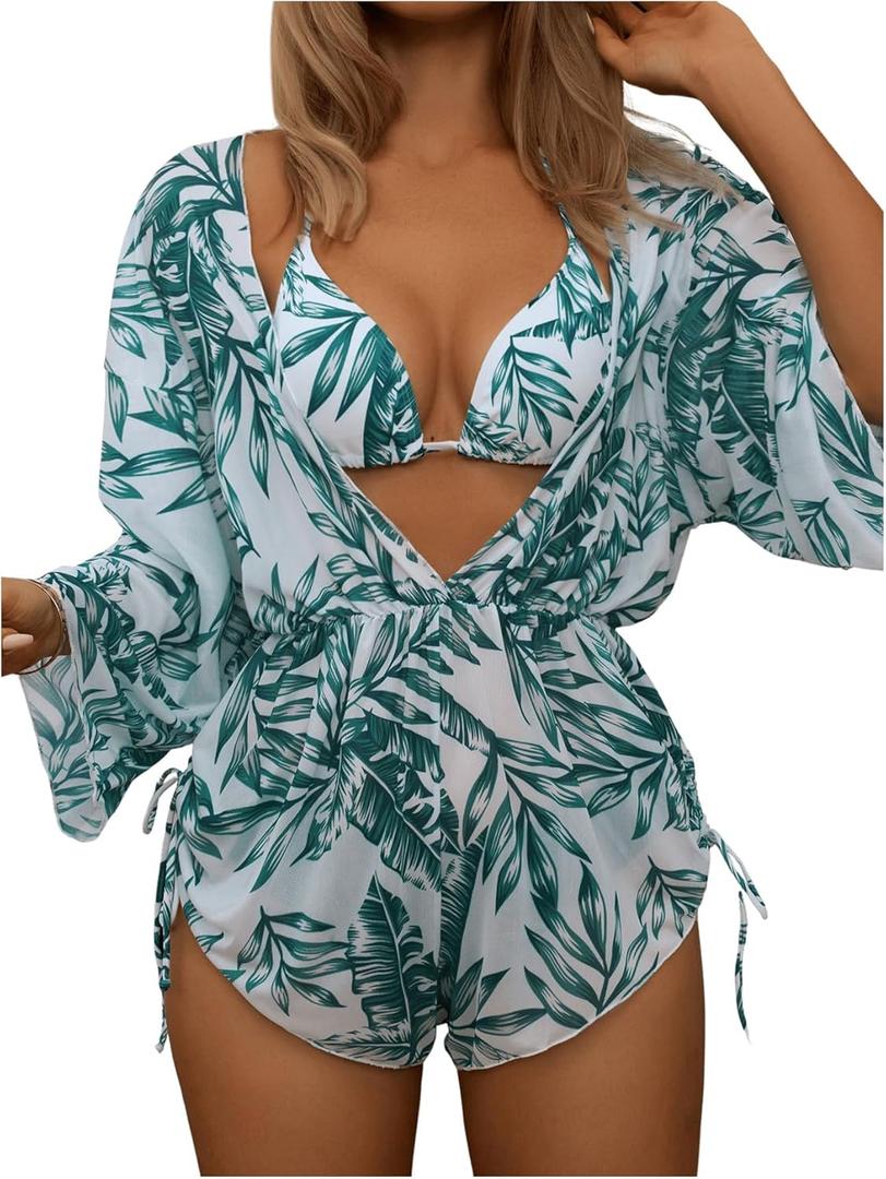 COZYEASE Women's 2025 Summer 3 Piece Swimsuits Tropical Print Bikini Set Halter Drawstring Bathing Suits with Cover Up (Large, Green)