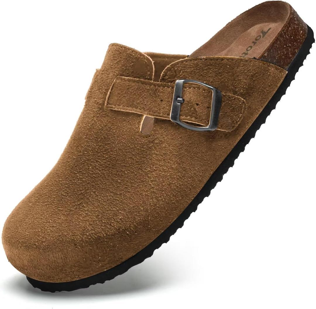 Torotto Womens Clogs Cork Footbed Suede Slippers Arch Support Potato Shoes with Adjustable Buckle (Brown)