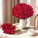 DREAMLOOM 50pcs Roses Artificial Flowers, Fake Roses Realistic with Long Stems Real Touch Silk Flowers Bouquet for Valentine's Day Wedding Anniversary DIY Floral Arrangement Gifts, Red