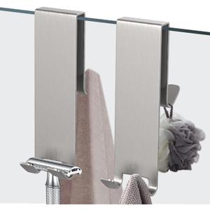 Shower Door Hook, Extended Length Double-Sided Hook for Frameless Shower Doors (7 Inch), Heavy-Duty Stainless Steel Hook for Bathrobes and Towels, No Drilling or Adhesive Required, 2-Pack, Silver