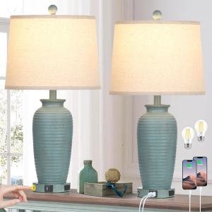  Farmhouse Jar Table Lamps 3 Way Touch Control Rustic Bedside Lamps with USB A/C Ports & AC Outlet, Pot Nightstand Lamps for Bedroom Living Room  (1 PCs)