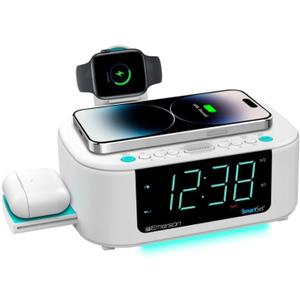 Emerson CKSW5010 Smartset Wireless Charging, Dual Alarm FM Clock, Bluetooth Radio/Speaker, 15W for Ultra-Fast Charging, 3W Retractable Port for Air Pods, White