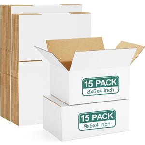 Eupako 30 Pack Small Shipping Boxes Assorted Sizes, 8x6x4 & 9x6x4 15 PCS Each Small Boxes, White Corrugated Box Mailers, Cardboard Boxes for Packaging Small Business, Mailing
