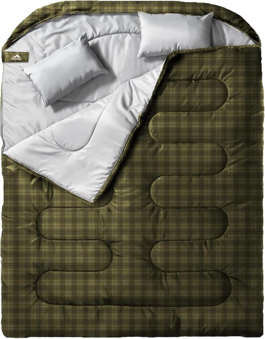 MEREZA Double Sleeping Bag for Adults Mens with Pillow, XL Queen Size Two Person Sleeping Bag for All Season Camping Hiking Backpacking 2 Person Sleeping Bags for Cold Weather & Warm (Double (90.6in*61in), Plaid)