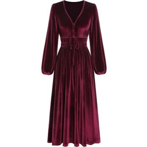 ZAFUL Womens Long Sleeve Velvet Dress 2025 Fall V Neck Holiday Cocktail Party Semi Formal Midi Dresses for Wedding Guest (X-Large, Red)