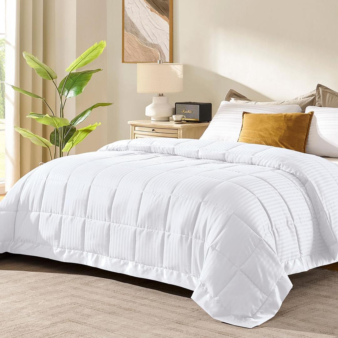 downluxe King Size Blanket with Satin Trim, Lightweight Down Alternative King Blanket for All Season, Machine Washable (White, 108 x 90 Inch)