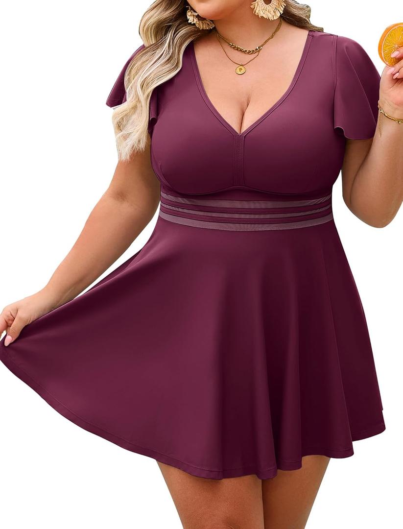 Arolina Women's Plus Size Tankini Swimsuits Swim Dress Mesh Bathing Suits Two Piece Ruffle V Neck Swimwear with Swim Shorts (Large)