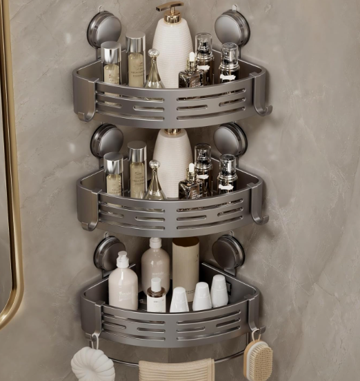 VOLPONE Corner Shower Shelf Suction Cup Shower Caddy Corner No Drilling Bathroom Shower Organizer Storage Rack Adhesive with Towel Bar (3Pack, Gray)