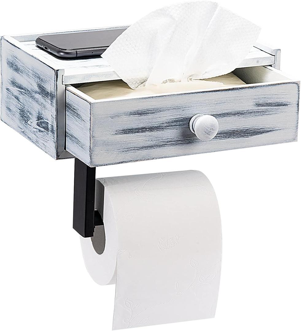 Toilet Paper Holder with Storage, Rustic Farmhouse Toilet Paper Holder with Shelf, Wall Mount, Keep Wipes Hidden Out of Sight (Rustic White)