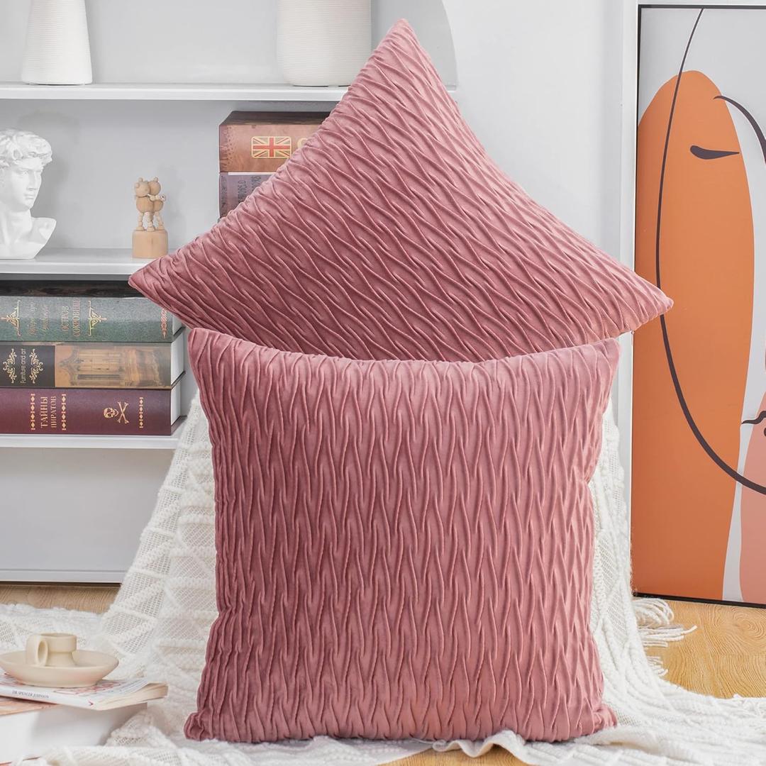 MADIZZ Set of 2 Super Soft Velvet Decorative Throw Pillow Covers 14x14 inch Pink Square with Texture Luxury Style Cushion Case Pillow Shell for Sofa Bedroom