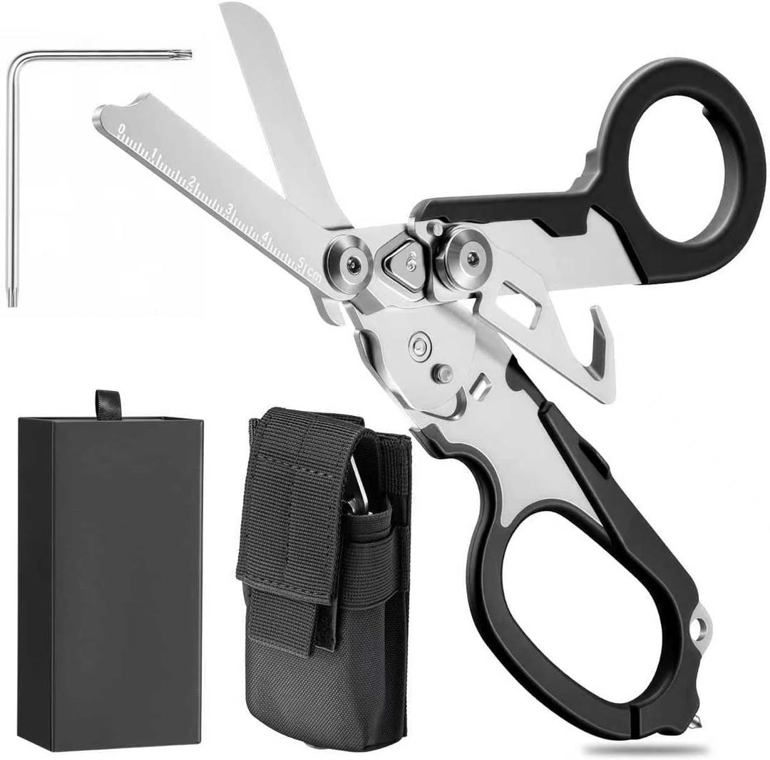 6-in-1 trauma shears, Foldable Trauma Scissors, Heavy-Duty EmergencyOutdoor sports equipment, Car seat belt cutter, Oxygen Cylinder Wrench,Comes with EDC toolkit (black)
