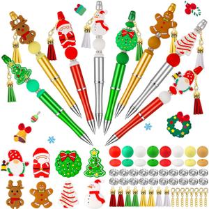 CZWZ 8 Pcs Christmas Beadable Pens, Plastic Beadable Pens with Multicolor Silicone Beads, Christmas Snowman Pine Tree Floral Hoop Deer Pens for Christmas Office School Supplies