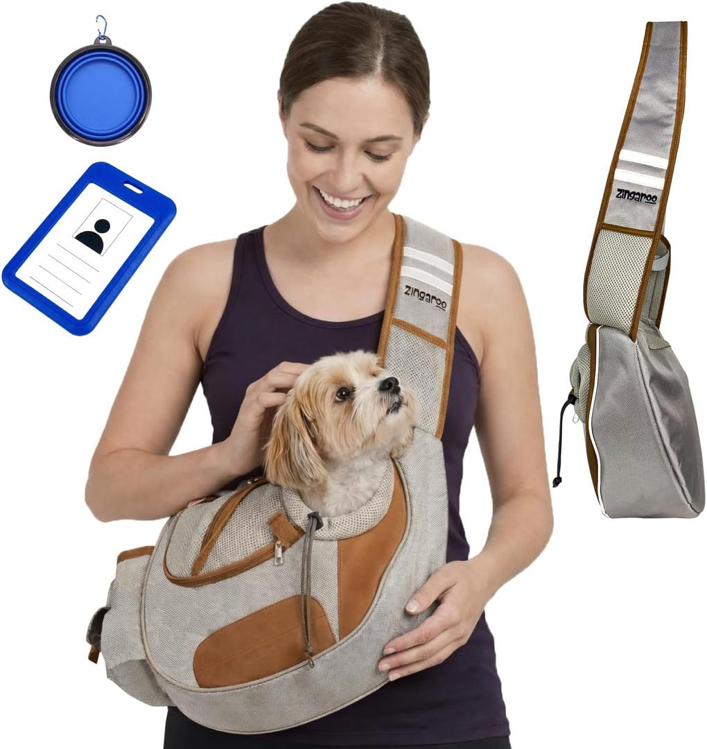 Hands-Free Sling Pet Carrier for Cats and Small Dogs up to 7lbs – Travel Set Includes Foldable Water Bowl & ID Card – Breathable Mesh, Safety Hook & Adjustable Padded Strap for Walking & Travel