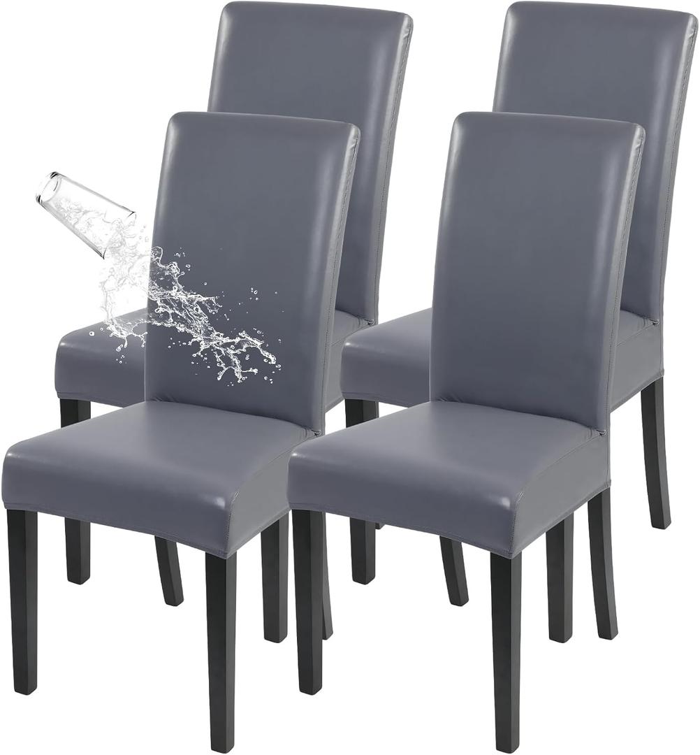 4 x SearchI Waterproof PU Leather Dining Chair Covers Set of 4, Stretch Oilproof Parsons Chair Slipcovers Removable Washable Kitchen Chair Protector for Dining Room (Gray)