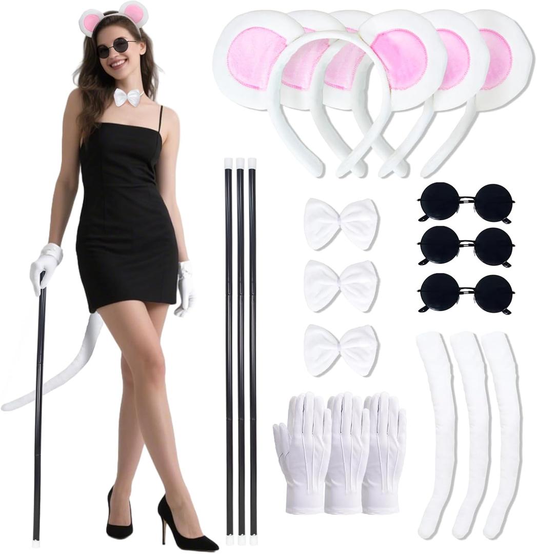 3 Set Mice Costume Accessories, Plush Mouse Ears & Tail Blind Cane Sunglasses Bow Tie Gloves for Women Family Halloween Party (White)