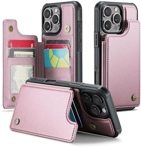 JEEHOOD Compatible with iPhone 16 Pro Max 6.9" Wallet Case with Card Holder RFID Blocking for Women Men, Double Magnetic Clasp Kickstand Shockproof Phone Case Fit for iPhone 16 Pro Max, Rose Gold