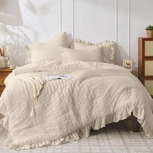 JOLLYVOGUE Beige King Comforter Set, 3 Pieces Seersucker Comforters King Size, Lightweight & Fluffy Bedding Sets for All Season with 1 Ruffle Comforter and 2 Ruffle Pillowshams