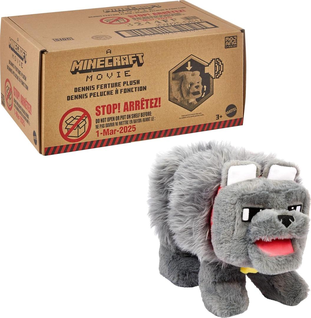 Mattel Minecraft Interactive Plush Toy with Sound & Moving Mouth, Dennis The Wolf Stuffed Animal Inspired by A Minecraft Movie