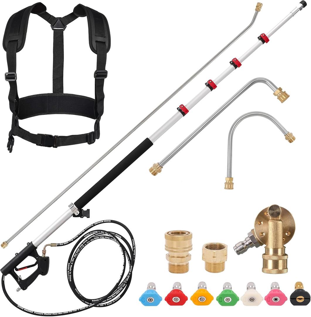 RIDGE WASHER 24 FT Telescoping Pressure Washer Wand, Pressure Washer Extension Wand, Telescopic Gutter Cleaner With 3 Curve Wands, 7 Spray Nozzle Tips, Adjustable Support Belt and 2 Adapters, 4000 PSI