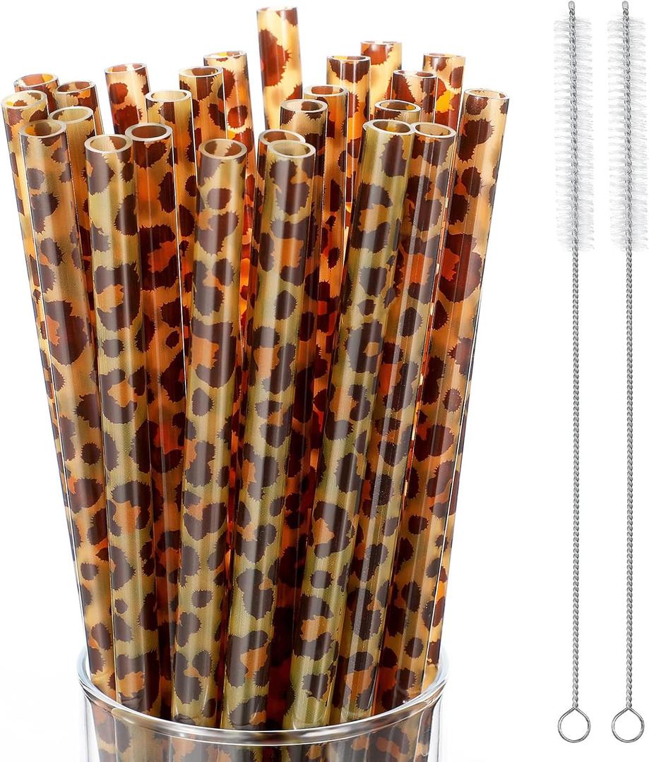 Leopard Straws Bulk Reusable Plastic Cheetah Animal Straws and Cleaning Brush for Women Tumblers Drinking Safari Wild Birthday Party Favors(Classic Style,27 Pieces)