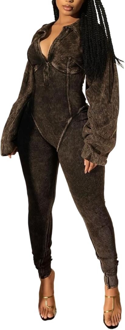 Voghtic Women's Sexy v Neck Bodycon Jumpsuit Distressed Long Sleeve Full Length Leggings Stretch One Piece Outfits (Large, Black)