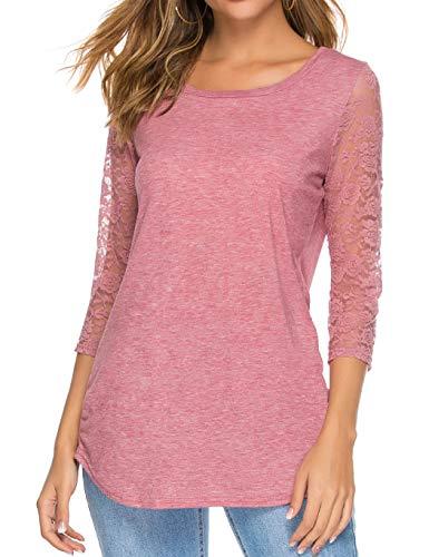 koitmy Women's 3/4 Lace Sleeve Round Neck T-Shirt Casual Blouses Tunics Tops, M