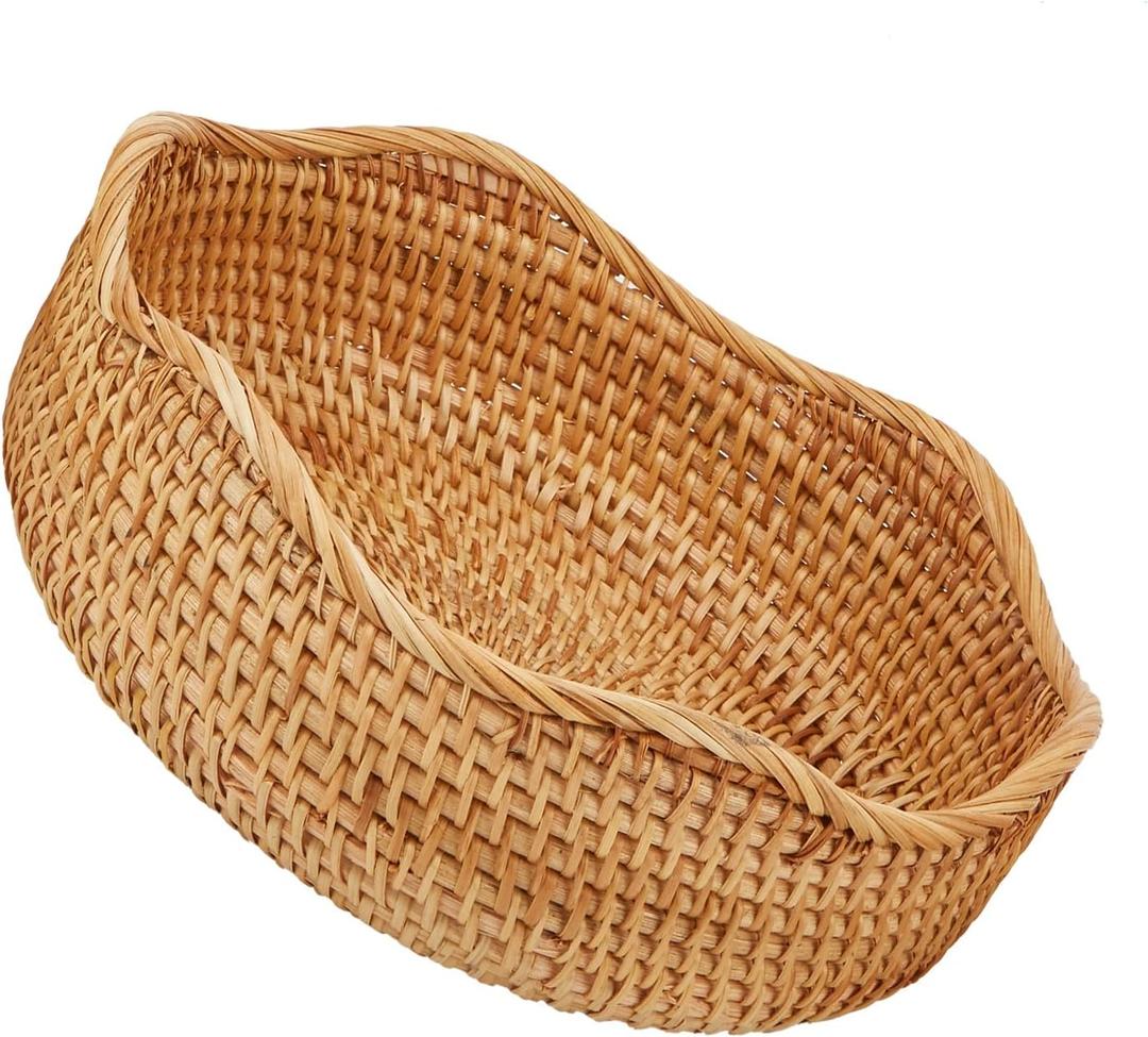 Natural Rattan Round Fruit Basket Bowls, Hand Woven Decor Serving Baskets, Wicker Storage for Dinning Room (Wave-Medium)