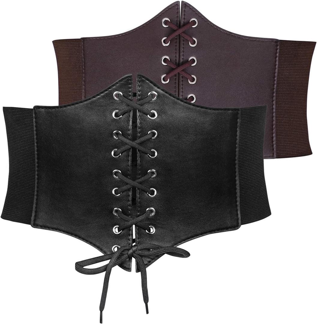 JASGOOD 2 Pack Womens Elastic Costume Waist Belt Lace-up Tied Waspie Corset Belts for Women Corset Belt (Black+coffee) XS