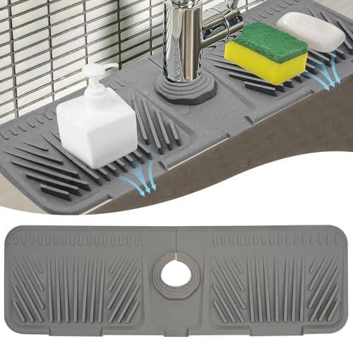 Qinthory Silicone Faucet Mat for Kitchen Sink, Perfect Valentine’s Day Gift, Sink Protector Splash Guard Drip Catcher Tray, Soap Sponge Holder Drying Mat, Fits Faucet Base 2.3in (Gray) 2 Pack