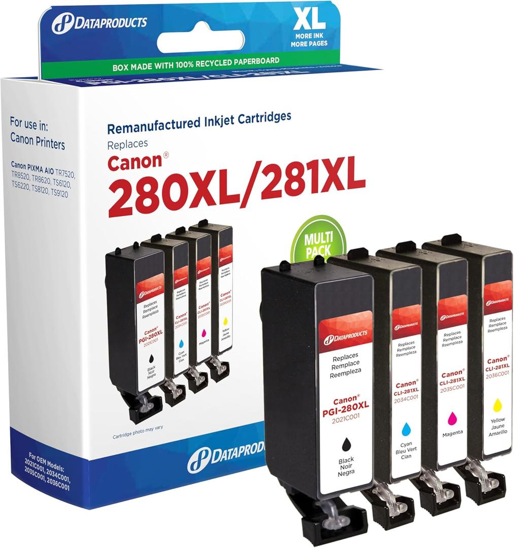 Dataproducts Remanufactured Black High Yield, Cyan, Magenta, Yellow Ink Cartridges Replacement for Canon PGI-281XL/CLI-281XL (2021C001, 2034C001, 2035C001, 2036C001) 4-Pack
