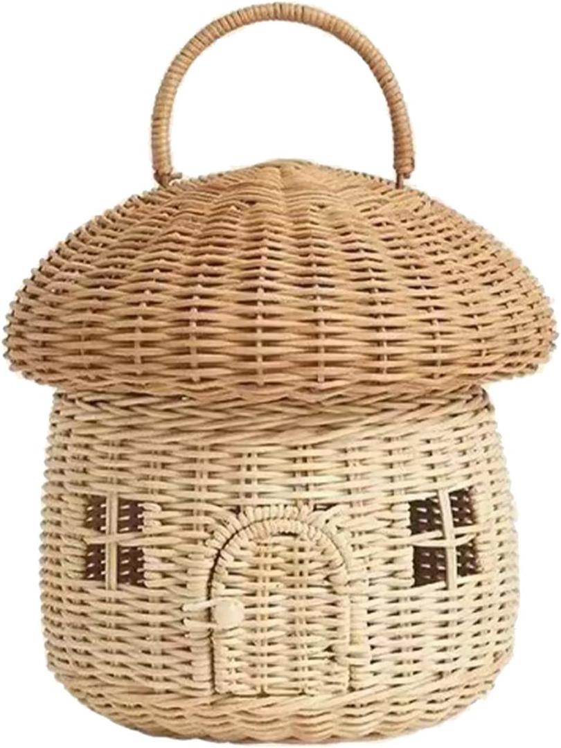 Rattan Storage Basket Mushroom Shaped Woven Basket with Lid, Decorative Woven Handle Basket Fruit Basket, Bathroom Shelf Organizer for Kids Room Living Room Decoration(Mushroom)