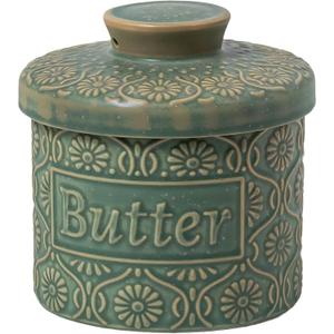 Ceramic Butter Crock with Lid, French Butter Dish with Water Line for Countertop, Butter Keeper for Spreadable Butter, Container Holder for Kitchen and Home Decor, 6.7 OZ, Vintage Green