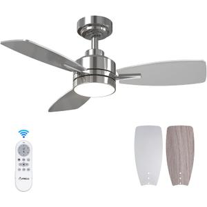 Amico Ceiling Fans with Lights, 36 inch Nickel Ceiling Fan with Light and Remote Control, Reversible, 3CCT, Dimmable, Noiseless, Small Ceiling Fan for Bedroom, Farmhouse, Indoor/Outdoor Use