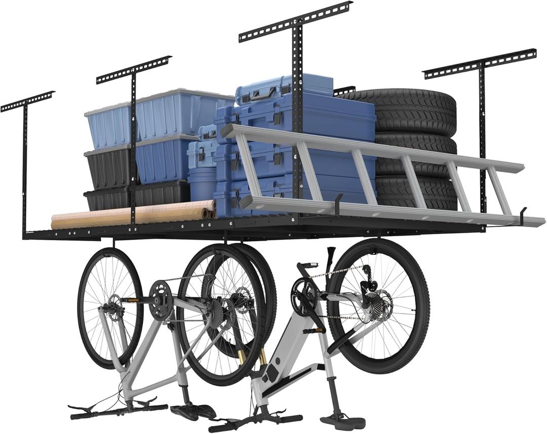 FLEXIMOUNTS 4x8 Overhead Garage Storage Rack w/Hooks Adjustable Ceiling Storage Rack, 96" Length x 48" Width x 40" Height, 22''-40" Ceiling Dropdown, Black, Classic Series