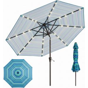 10FT Solar Lighted Patio Umbrella, Outdoor Table Market Umbrellas with Push Button Tilt and Crank, 32 LED Lights, 8 Sturdy Ribs, UV-Resistant for Deck, Garden, Pool, Blue and Green Stripe