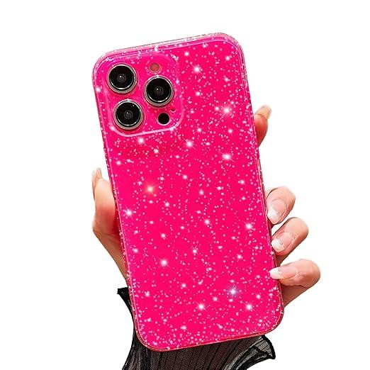 FABSPARK Case for iPhone 13 Pro Max,Super Cute Vibrant Neon Glitter Shiny Bling Sparkly Glossy Girly Case,Shockproof Slim Camera Protection Case for iPhone 13 Pro Max Phone Case 6.7 Inch,Hot Pink