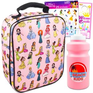 Disney Princess Lunch Box Set for Girls - Bundle with Princess School Lunch Bag for Kids with Pink Water Pouch, Princess Stickers, More | Disney Princess School Supplies
