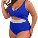 B2prity Women's Plus Size One Piece Swimsuit Tummy Control V Neck Bathing Suit Ruched High Waisted Cutout Swimwear (Large)