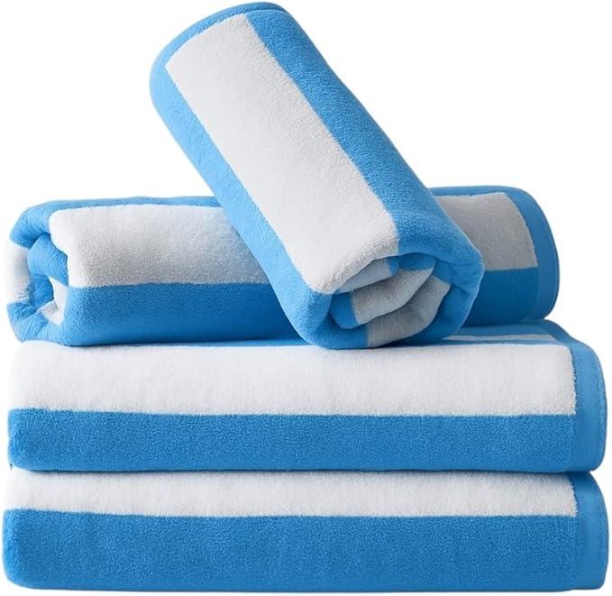 Striped Cabana Beach Towel Set of 4, 30 x 60 in Yarn-Dyed 100% Ring-Spun Cotton Terry, Multi-Use Pool Bath Spa Towel, Aqua/White