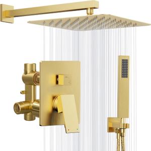 Gold Shower System, 10'' Square Rainfall Shower Head with Handheld Combo Spray, Bathroom Brushed Gold Shower Faucet Set with Valve, 59'' Shower Hose, Shower Trim Kit and Diverter, Wall Mounted