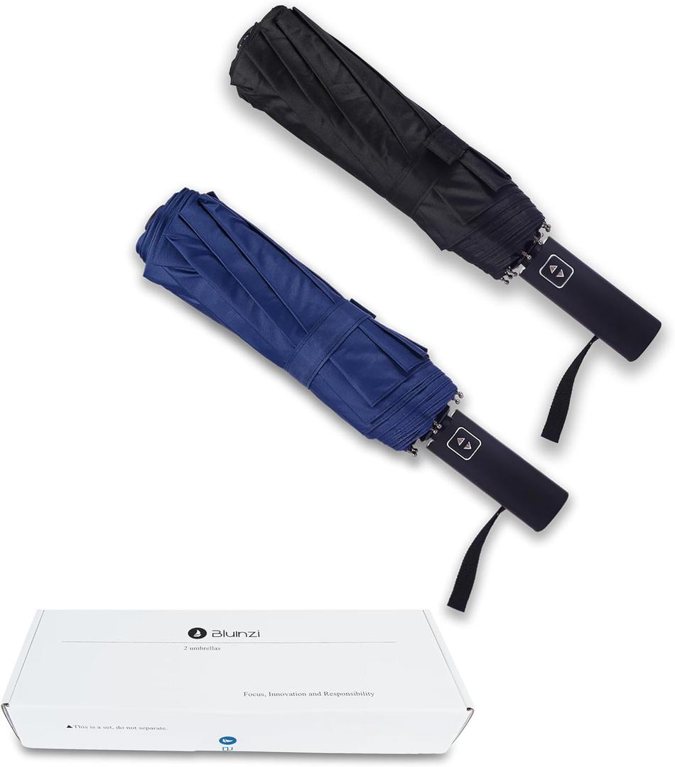 46 Inch Compact Umbrellas for Rain - Travel Small Umbrella - Automatic Folding Umbrella - Windproof Portable Umbrella, Double 10-rib ((2 pack)black+blue)