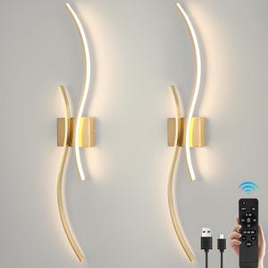 CANEOE Battery Operated Wall Sconces with Remote Control, Rechargeable Dimmable Touch Wall Sconces Set of Two, 3000K-6500K LED Wireless Wall Light for Living Room Bedroom Hallway,31.5inch(Gold)