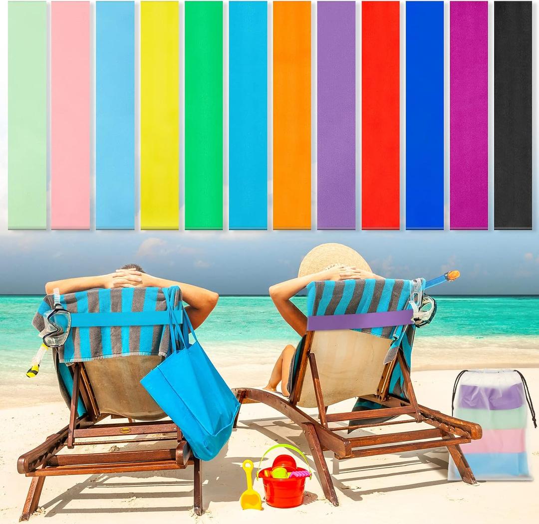 Tessco 12 Pack Towel Band for Beach Chairs Pool Chairs & Cruise Ship Essentials Elastic Windproof Beach Towel Clips Gifts for Lounge Pool Seaside Travel(16 x 2 in,Bright Style)