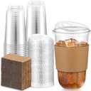Baderke 50 Sets Clear Plastic Coffee Cups with Sip Lids and Cup Sleeve, Disposable Clear Pet Cups for Iced Coffee Cold Beverage, Shops and Party Catering (18 oz)
