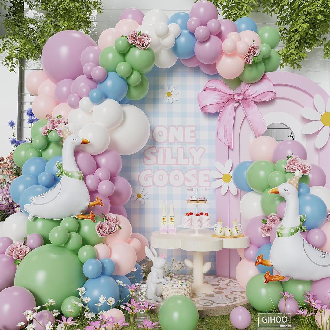 One Silly Goose Balloon Arch Kit 148pcs Pastel Pink Purple Balloons with 23inch Funny Goose Mylar Balloons for Silly Goose Birthday Spring Party Decoration (Pink Purple Kit)
